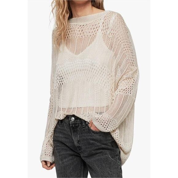 All Saints Sz XS Oversized Slouchy Fit Open Crochet Knit Estero Jumper Viscose - Picture 2 of 14